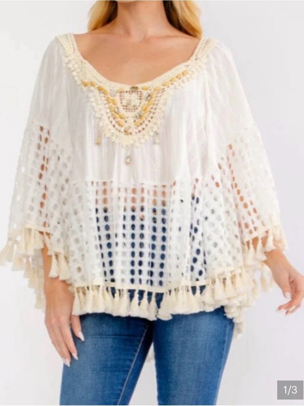 Boho Crochet Tassel Poncho Top in Ivory